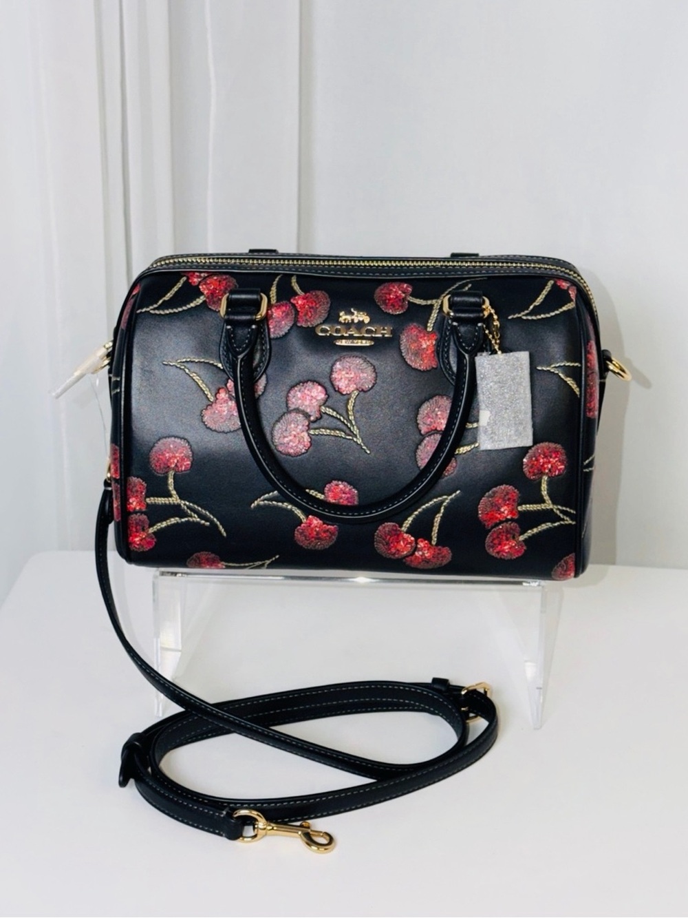 NWT COACH Rowan Satchel In Black Smooth Leather With Glitter Cherry Print